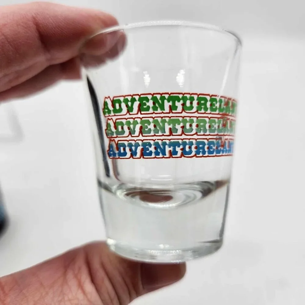 Set of 2 Adventureland Des Moines Iowa Shot Glasses Amusement Park Souvenir